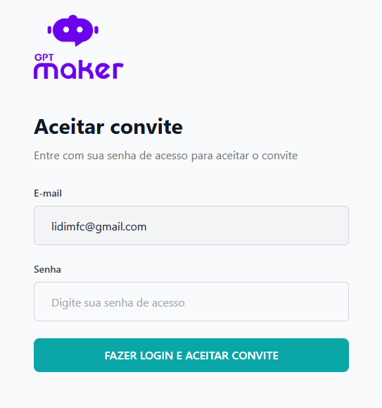 Tela de criação de senha da GPTMaker para finalizar o cadastro de um novo membro da equipe.