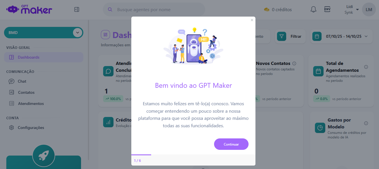Pop-up de boas-vindas da plataforma GPTMaker, oferecendo um tour inicial.