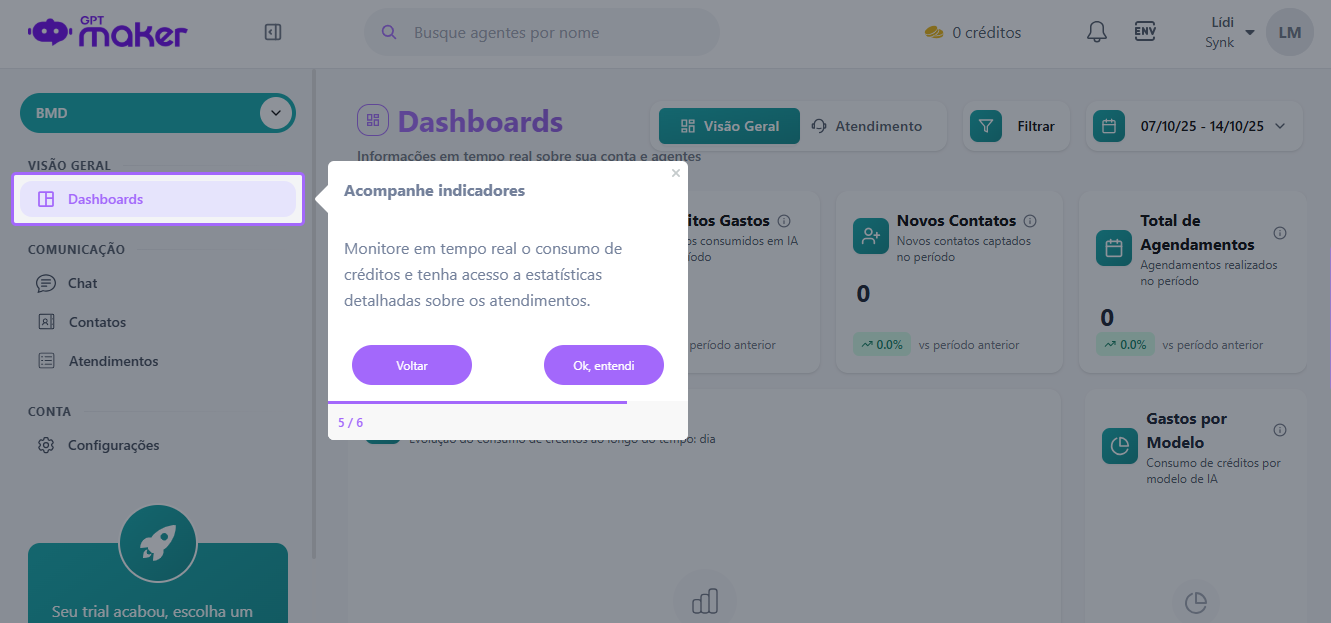 Painel de controle principal da GPTMaker, mostrando gráficos de conversas, consumo de tokens e créditos.